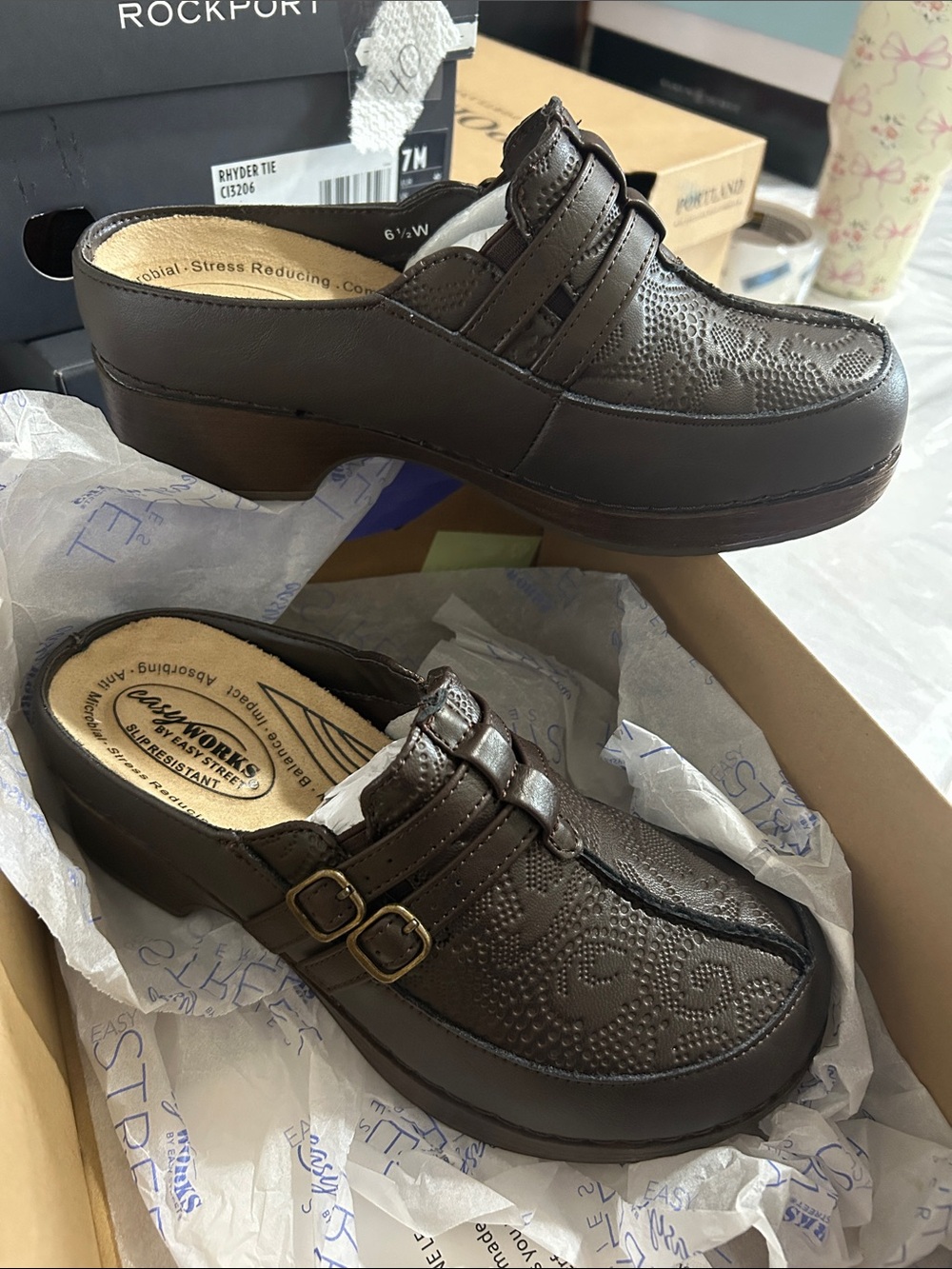 Easy works  Women's Dark Brown Slip-On Clog with Double Buckle